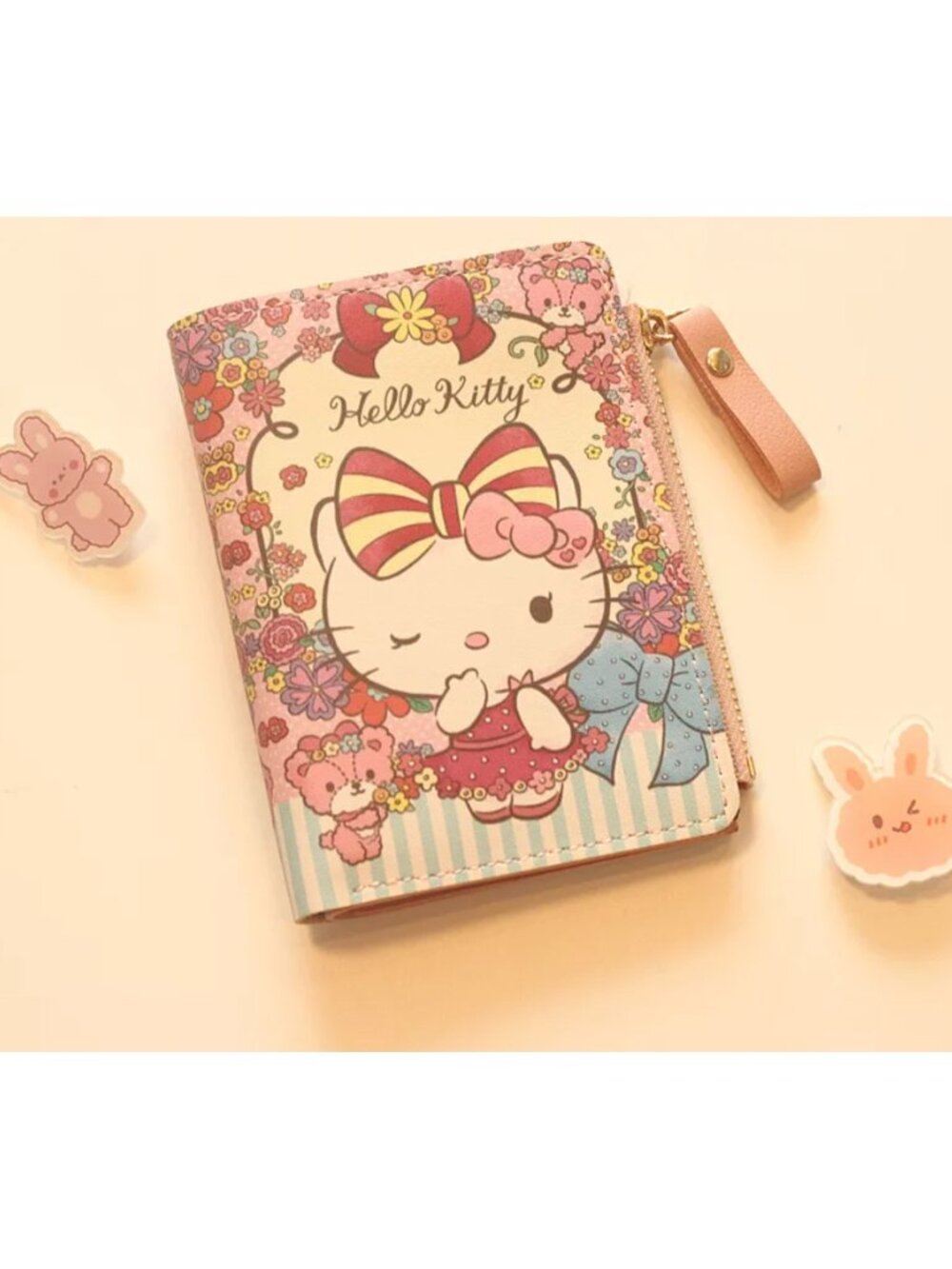 Hello Kitty Floral Teddy Bear Wristlet Wallet Bifold Coin Purse